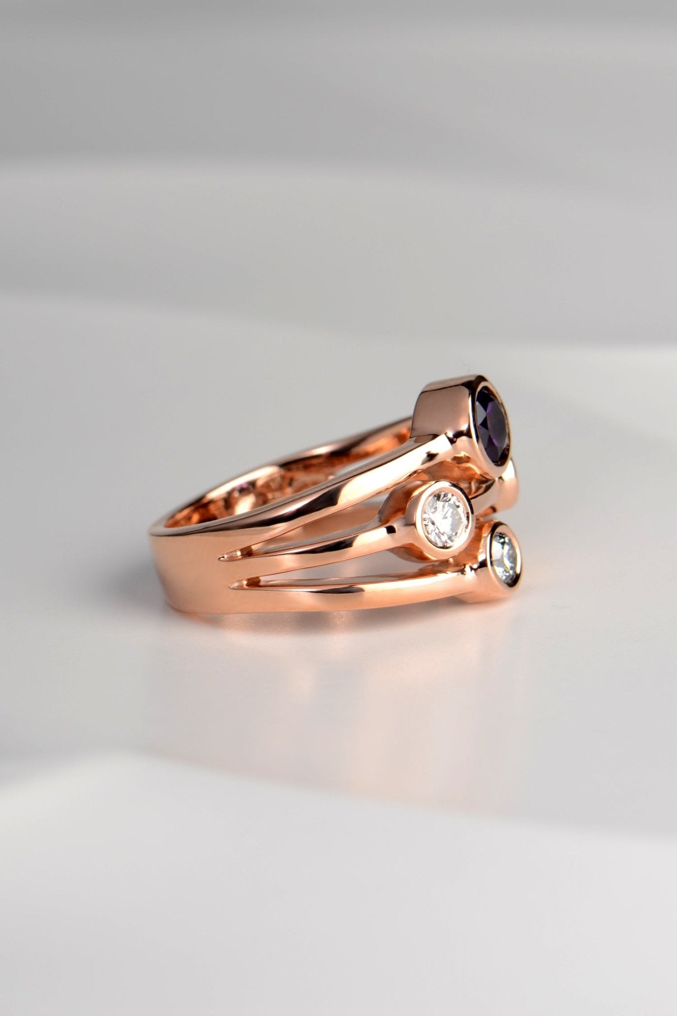 Amethyst and lab diamond rose gold Cairn ring - Rings Christine Sadler Unforgettable Jewellery