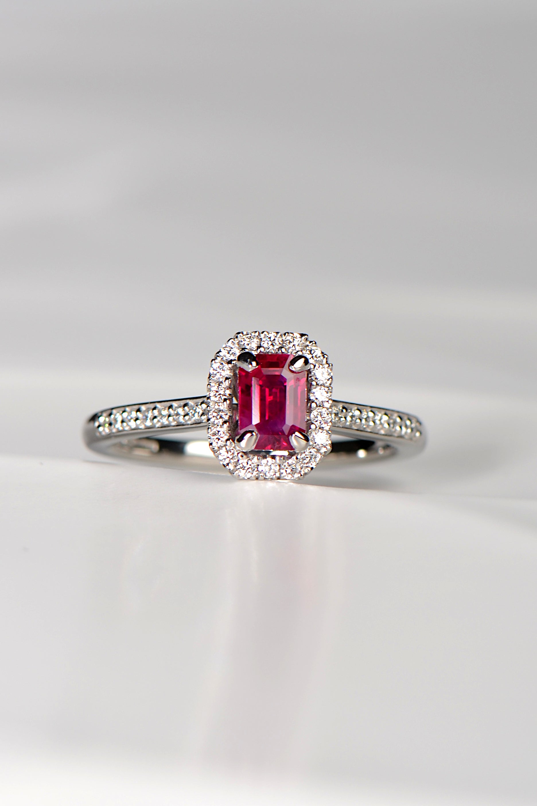 platinum rectangular ruby and diamond halo ring - Christine Sadler
