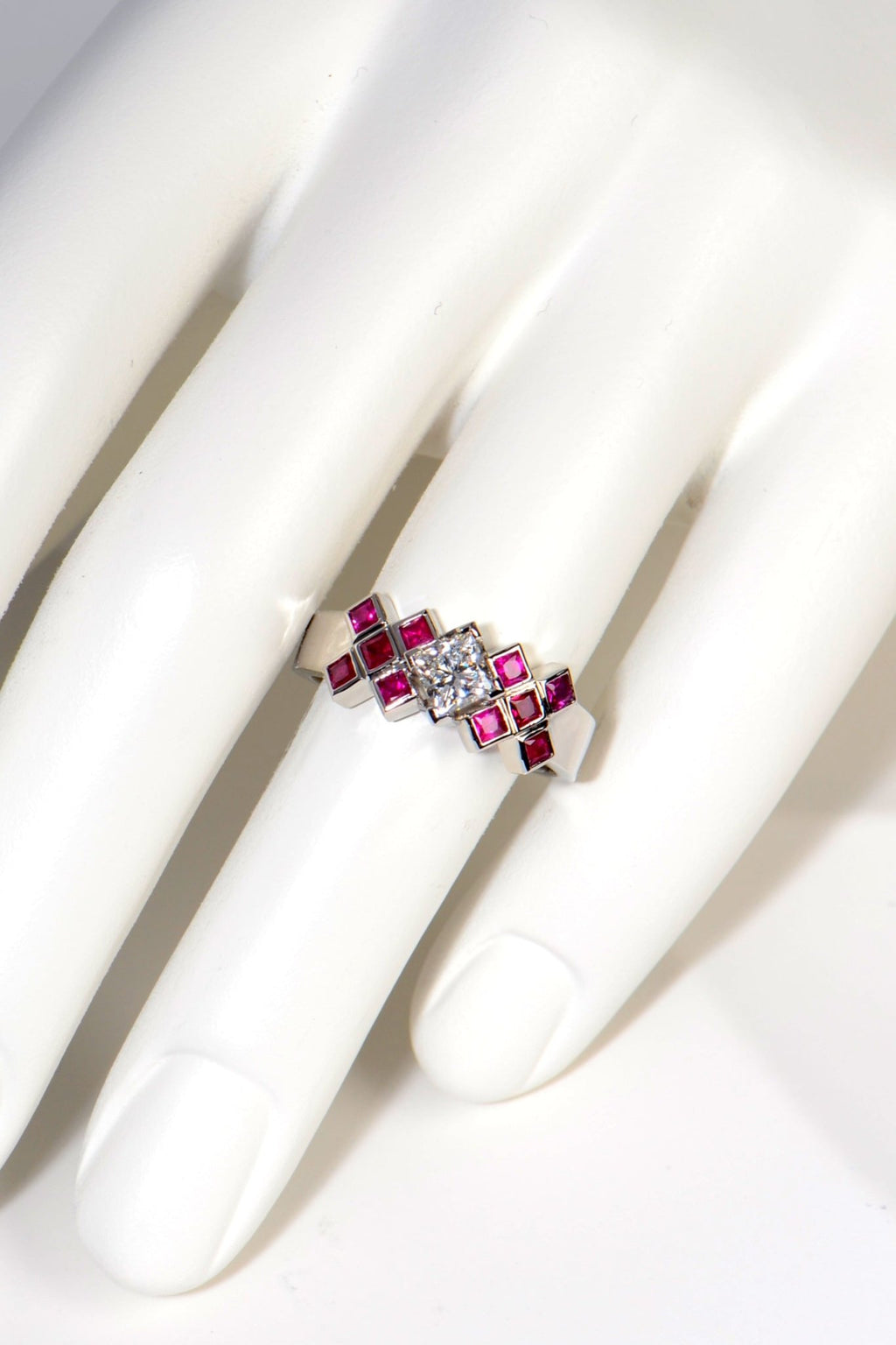 modern scottish tartan ring in platinum with rubies and diamonds by scottish jewellery designer Christine Sadler