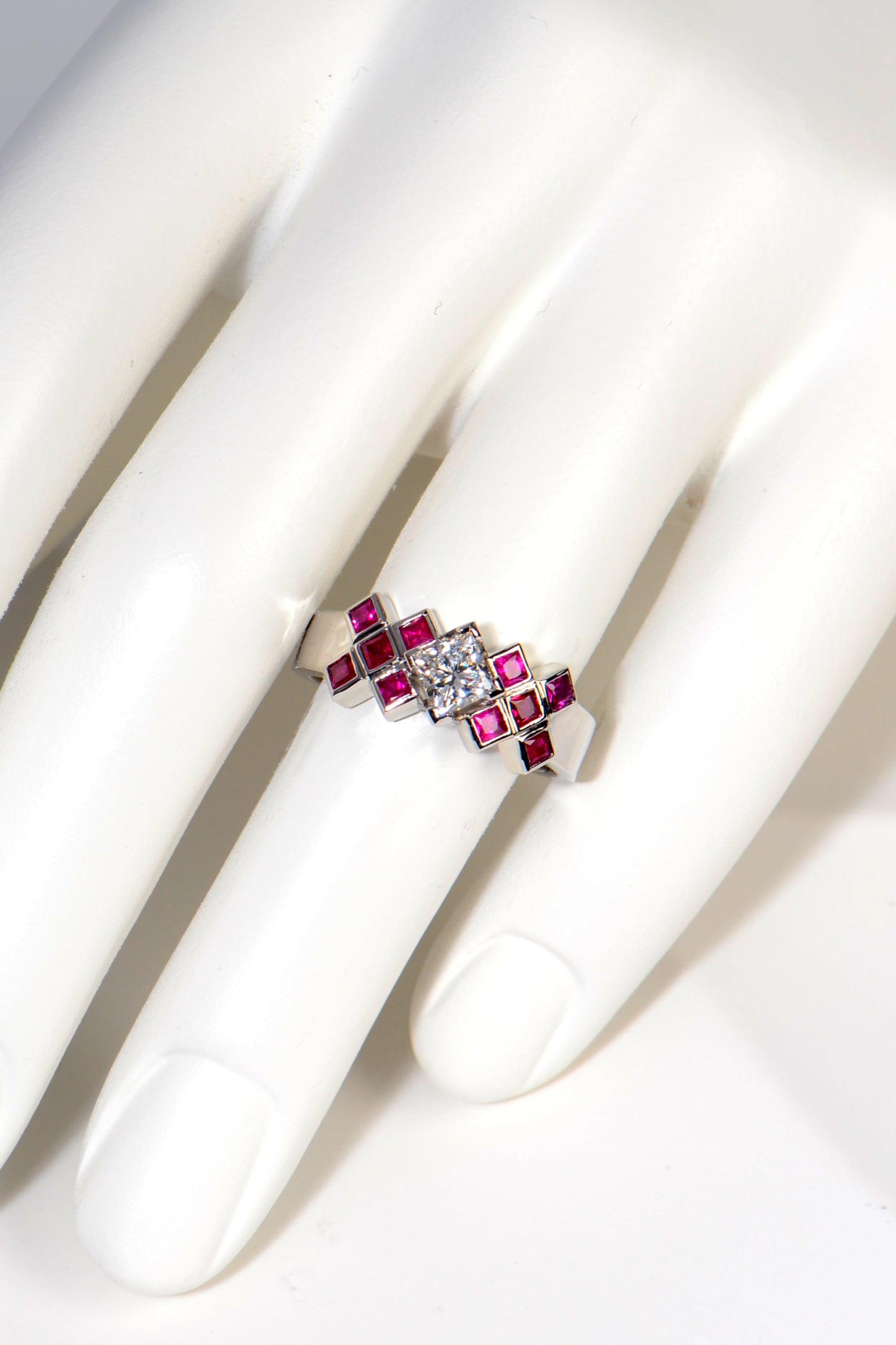 modern scottish tartan ring in platinum with rubies and diamonds by scottish jewellery designer Christine Sadler