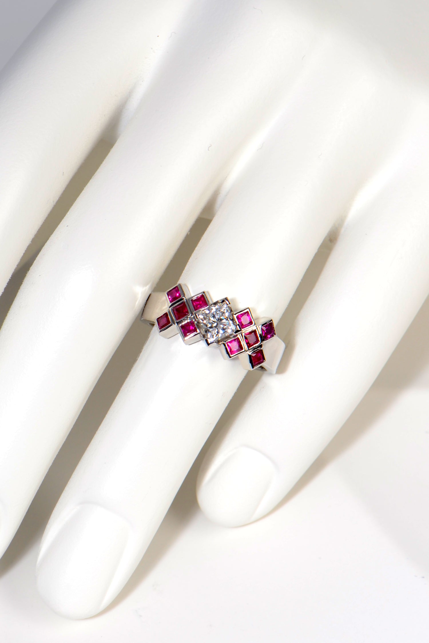 modern scottish tartan ring in platinum with rubies and diamonds by scottish jewellery designer Christine Sadler