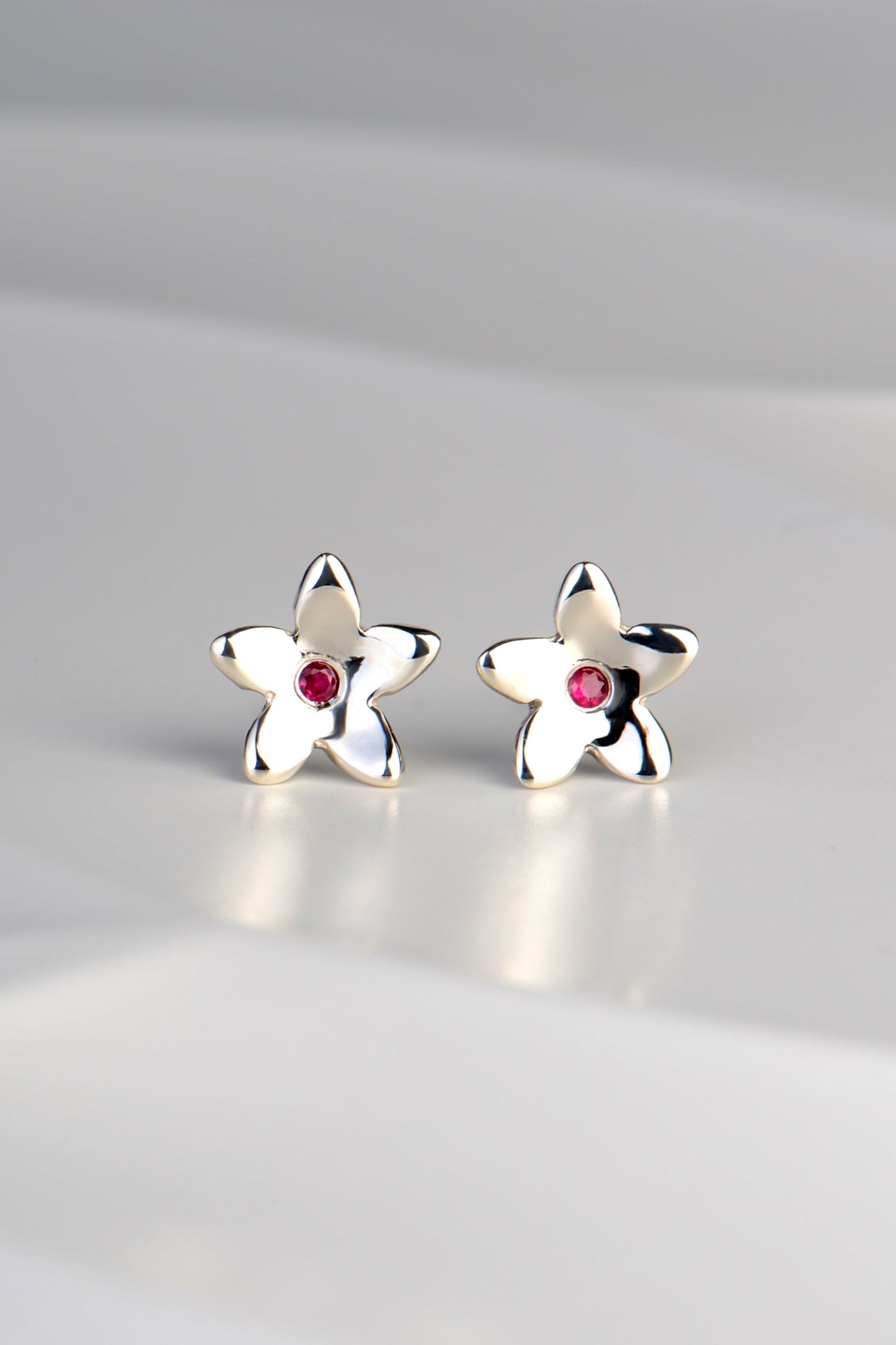 Silver Ruby Flower Earrings