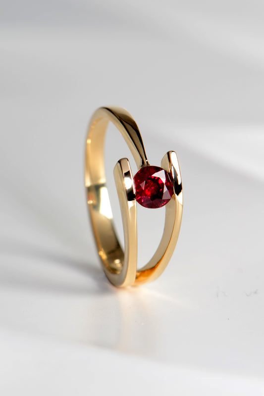 contemporary ruby ring in yellow gold