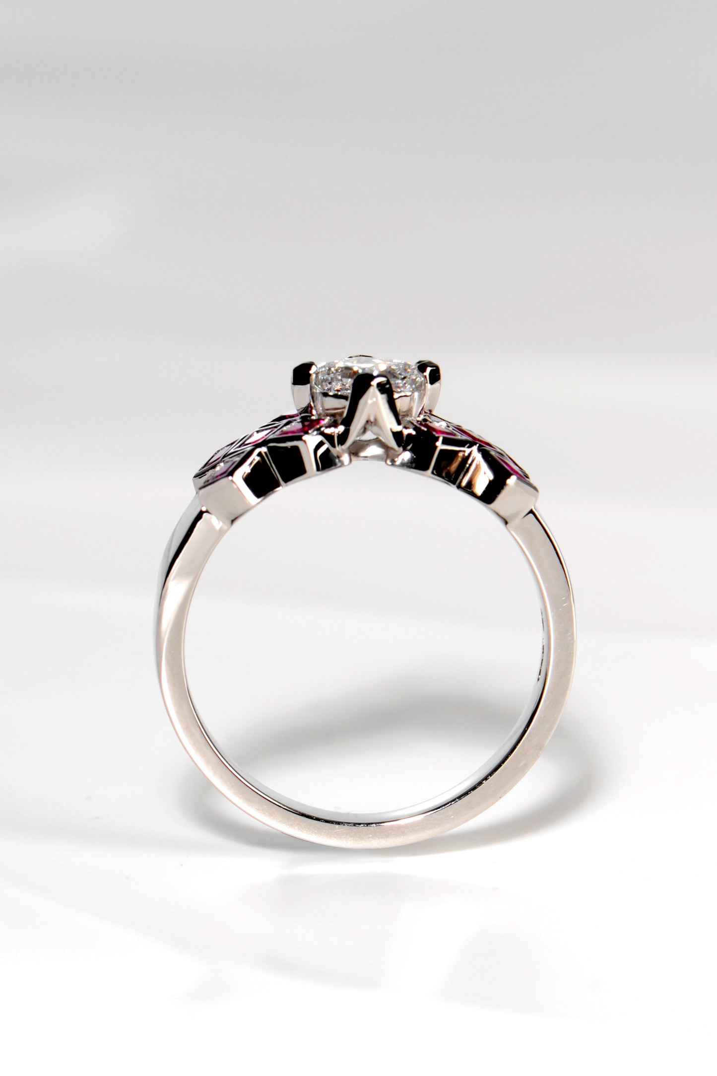 scottish tartan engagement ring in platinum with rubies and diamonds by scottish jewellery designer Christine Sadler