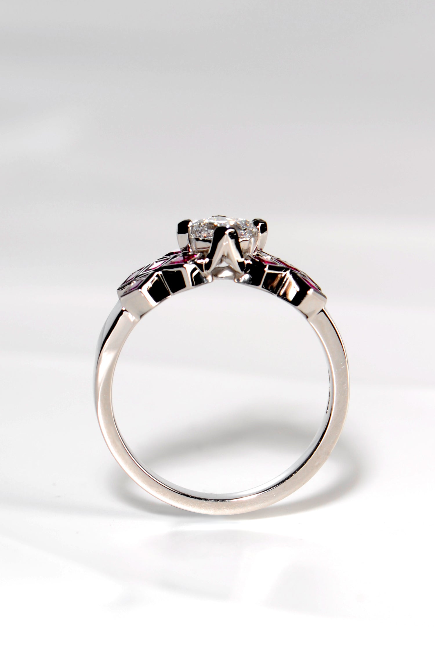 scottish tartan engagement ring in platinum with rubies and diamonds by scottish jewellery designer Christine Sadler