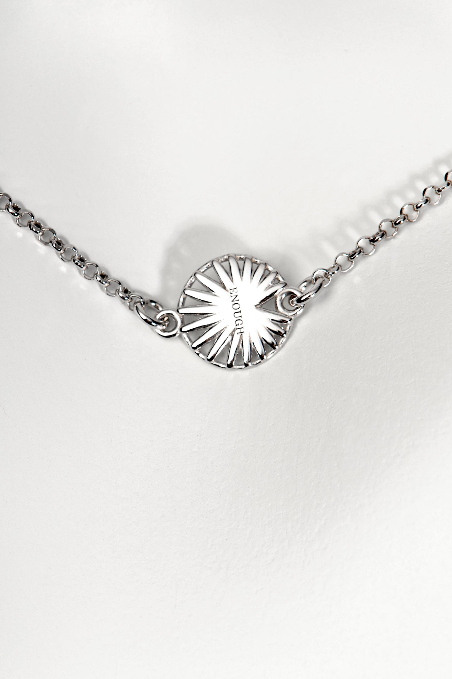 sterling silver talisman necklace wheel design engraved with the word ENOUGH - Christine Sadler