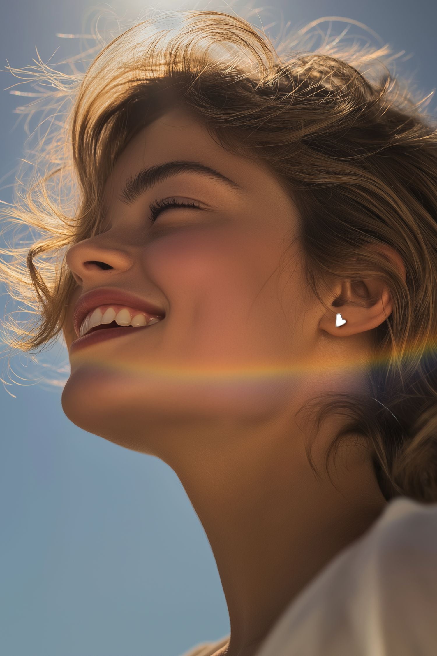 petite handmade silver stud earrings in a model's ear to show size and scale
