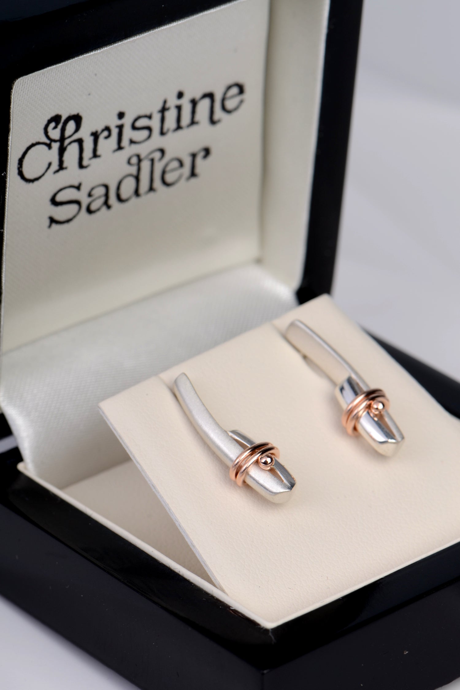handmade high quality silver and rose gold earrings from UK jewellery designer Christine Sadler 