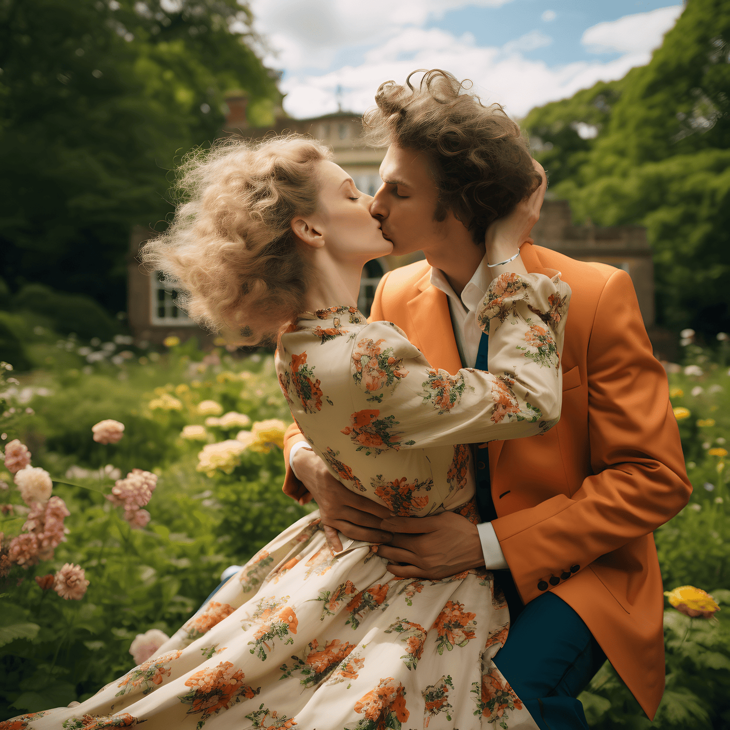 couple kissing in a garden wearing Christine Sadler silver and rose gold bangle