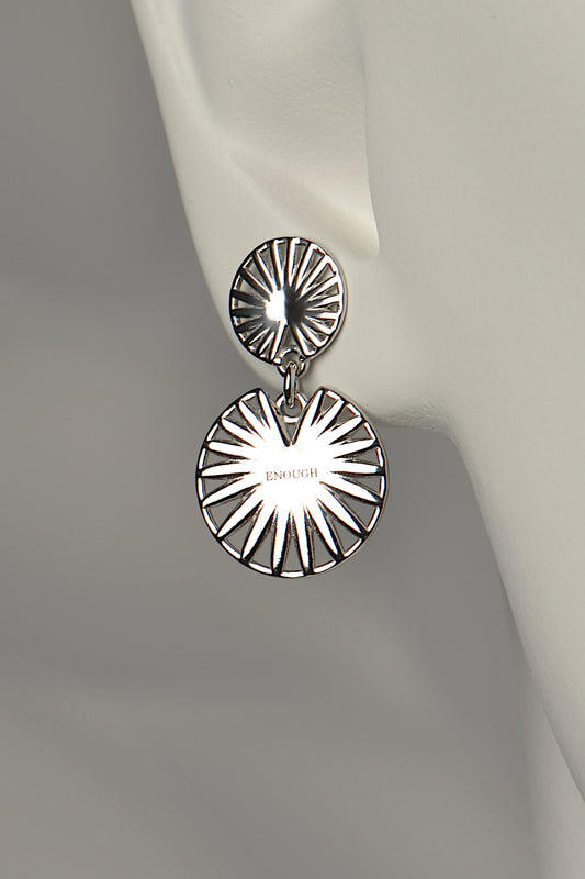 sterling silver double drop round wheel shaped earrings with the word ENOUGH engraved on them in a way you can hardly see