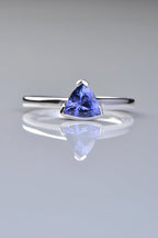 White gold tanzanite ring with a triangular gemstone from Christine Sadler's Sailing Stones collection, made in the UK