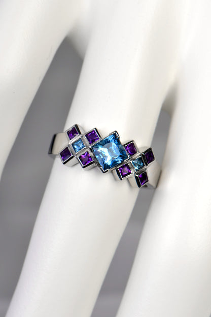 modern scottish platinum engagement ring set with aquamarines and amethysts