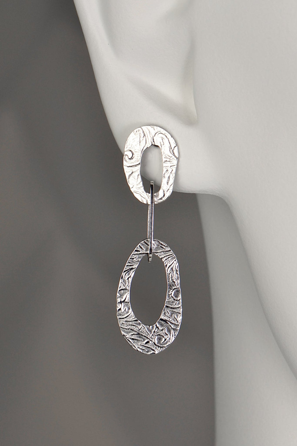 modern textured long drop silver earrings inspired by natural beauty of frost patterns from Christine Sadler