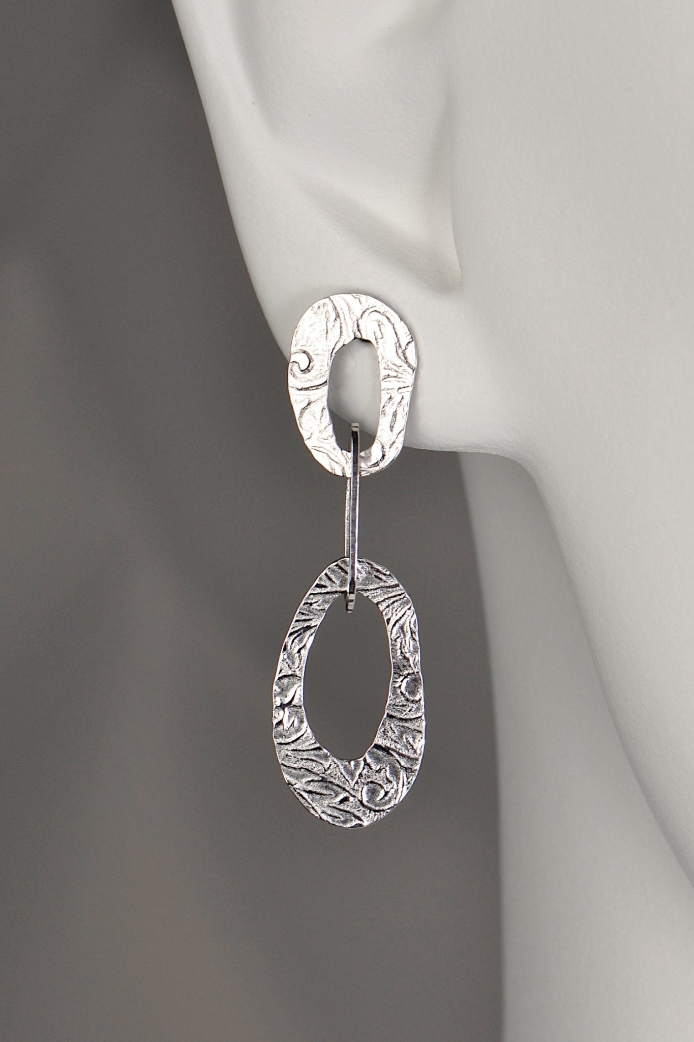 modern textured long drop silver earrings inspired by natural beauty of frost patterns from Christine Sadler