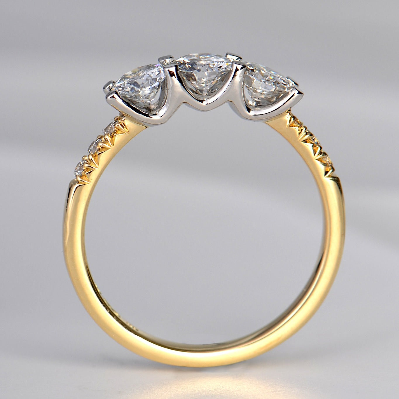 two tone platinum and yellow gold engagement ring with three round shaped diamonds viewed side on - Christine Sadler