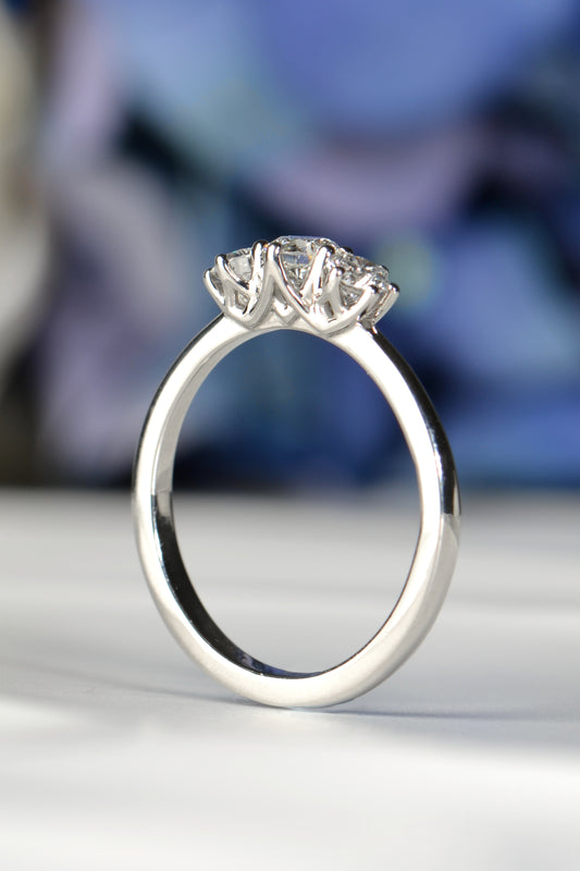 Close-up of round brilliant diamonds in six-claw platinum setting with cathedral-style sweeping arches