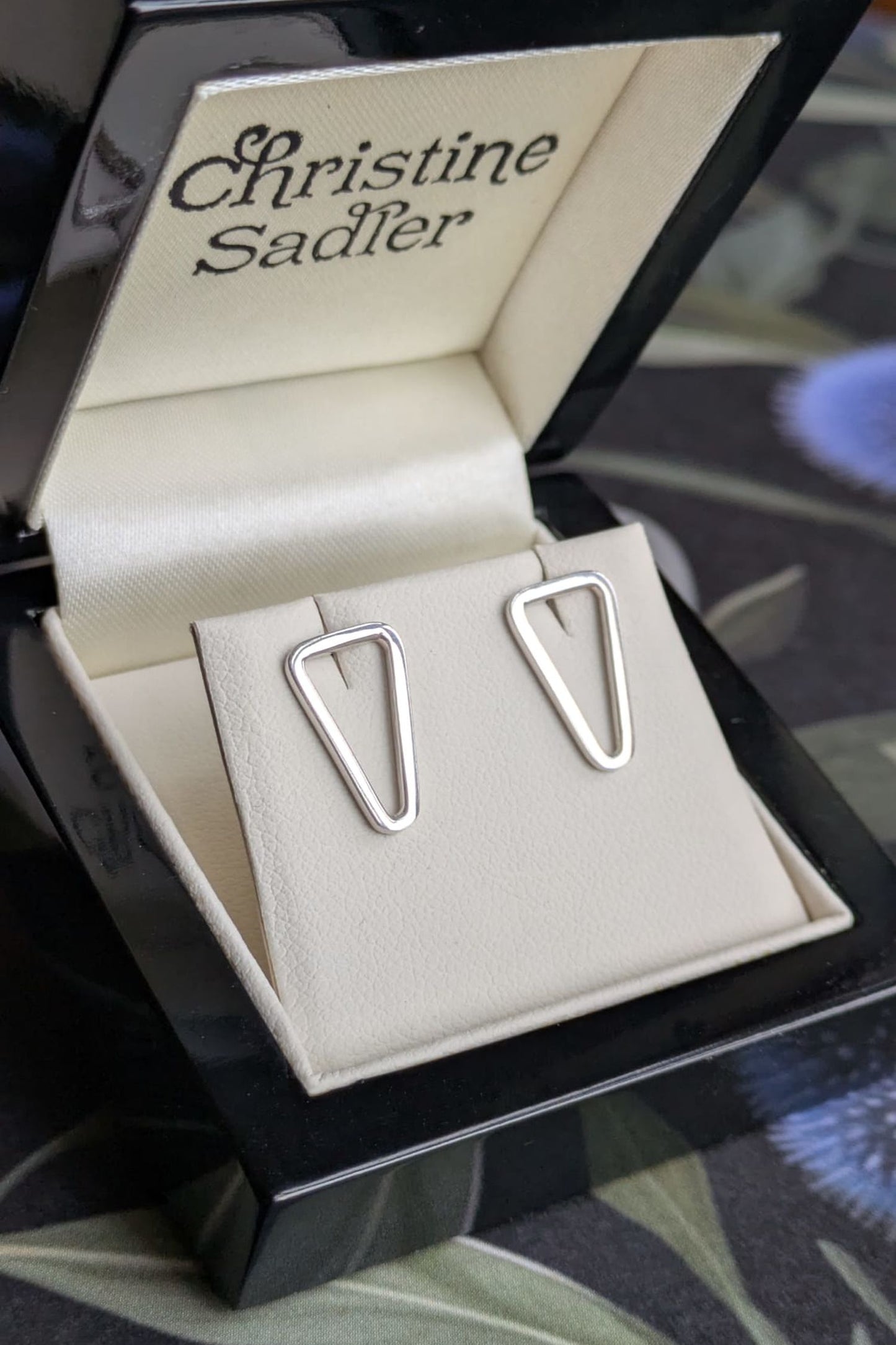 real silver triangle stud earrings in luxury gift box