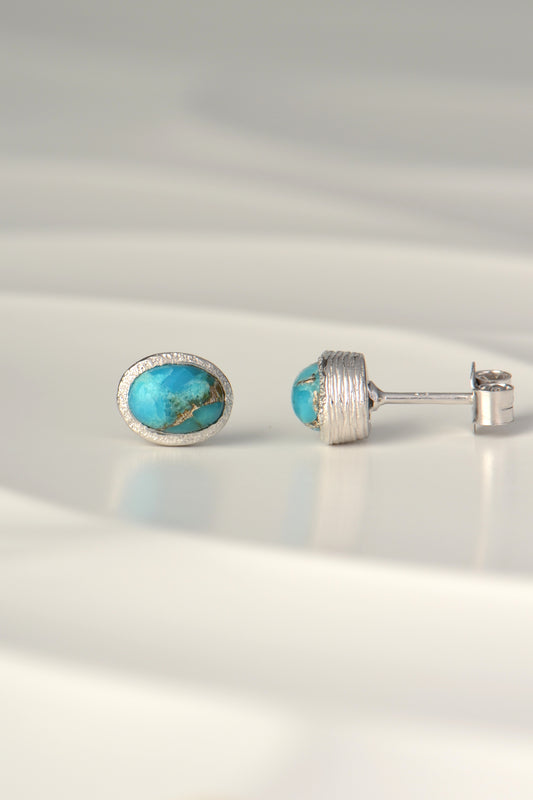 Handmade silver and turquoise oval stud earrings