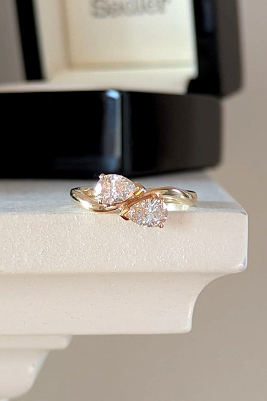 Two pear cut lab diamonds set diagonally on a 9ct gold wave band, 0.68ct moi et toi anniversary ring - Christine Sadler