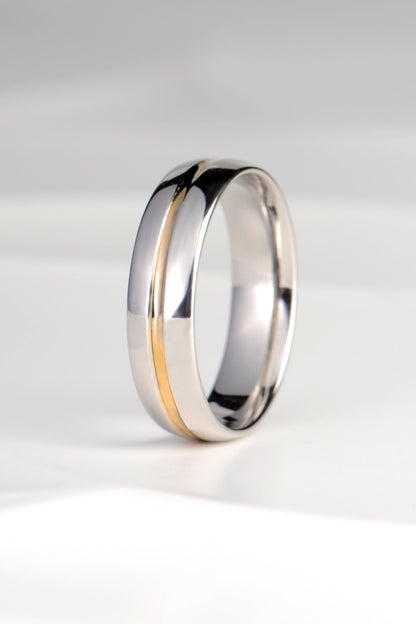 Men’s 9ct white gold wedding ring with yellow gold inlay, 6mm court shape, handmade in the UK