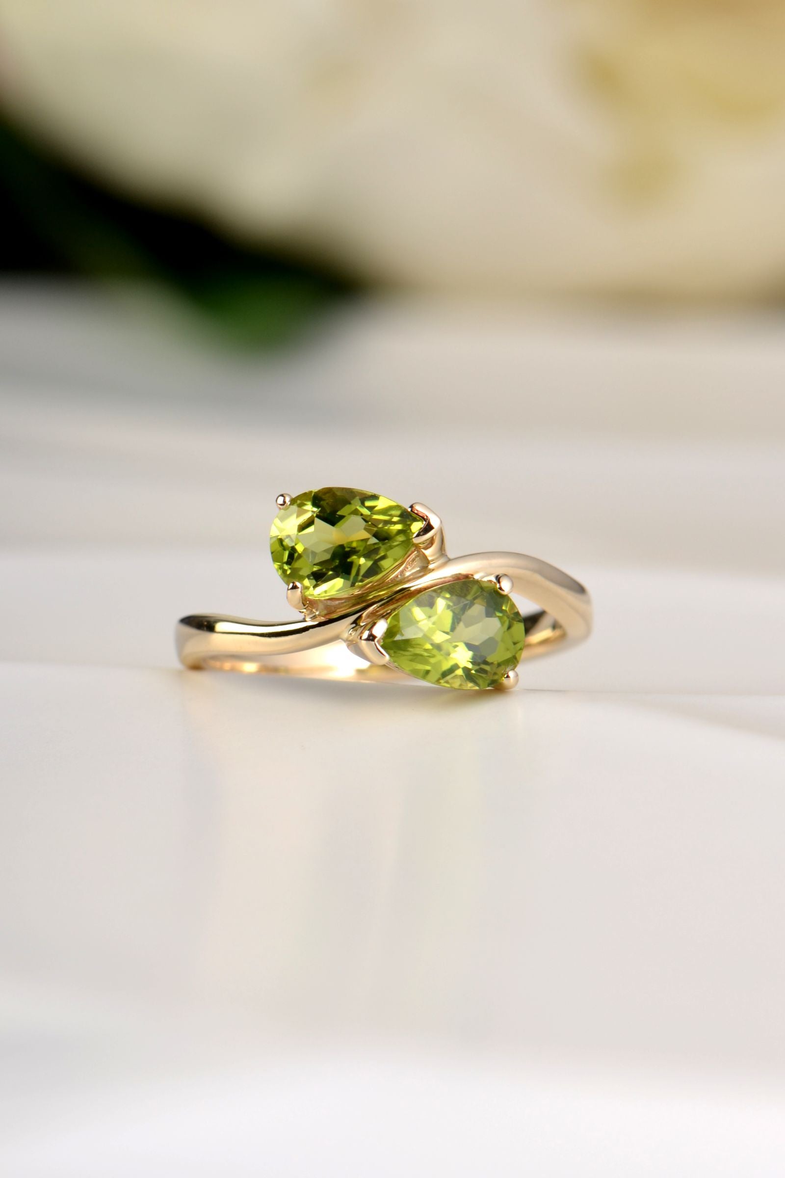 Two stone pear cut peridot wave ring in yellow gold - commissioned anniversary gift - Christine Sadler
