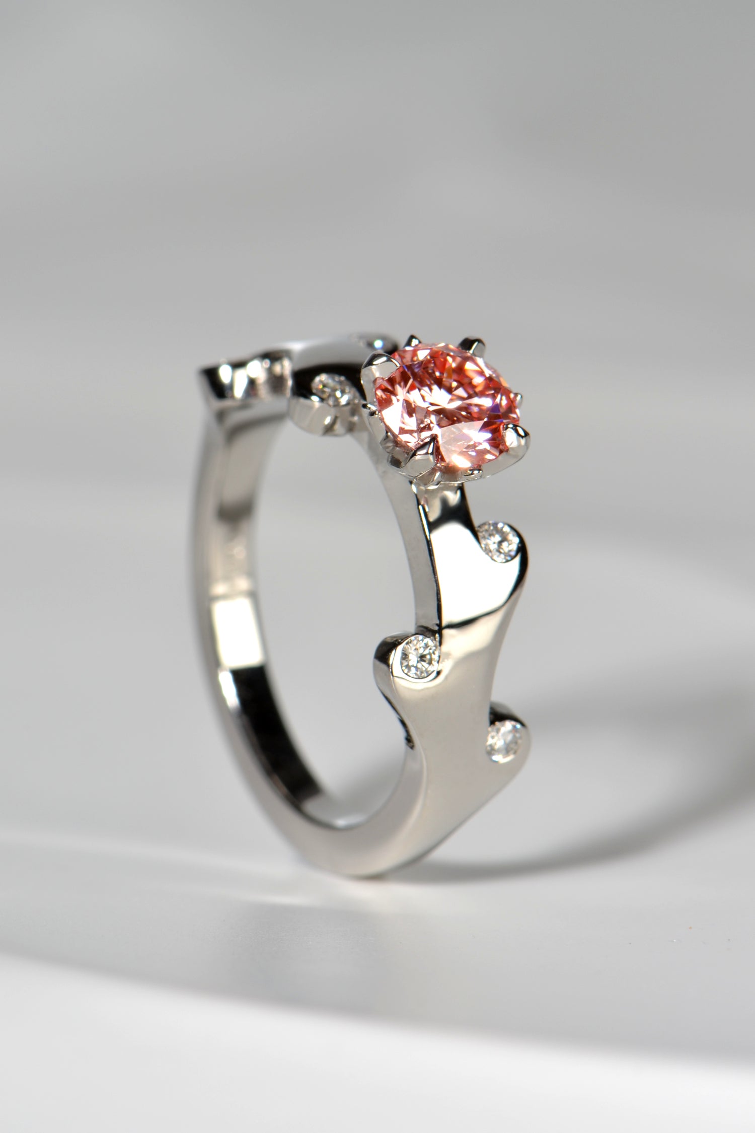 Very special pink lab diamond ring which has the colour of rose wine. Made in platinum, this lab diamond ring is exclusively available from jewellery designer Christine Sadler