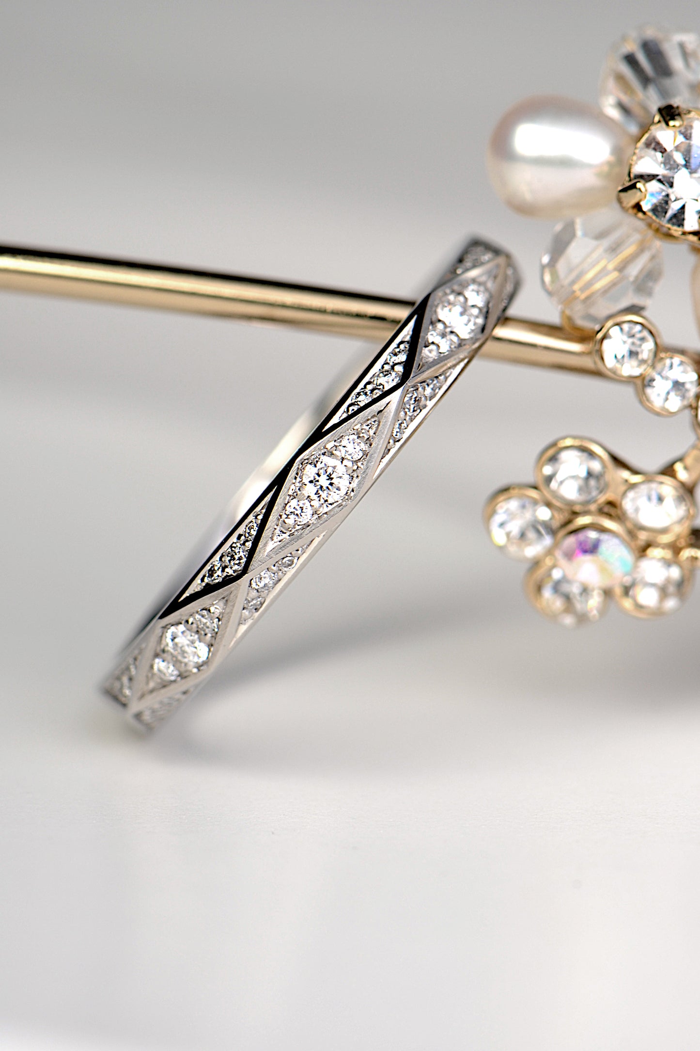 geometric diamond ring design in platinum made in the UK