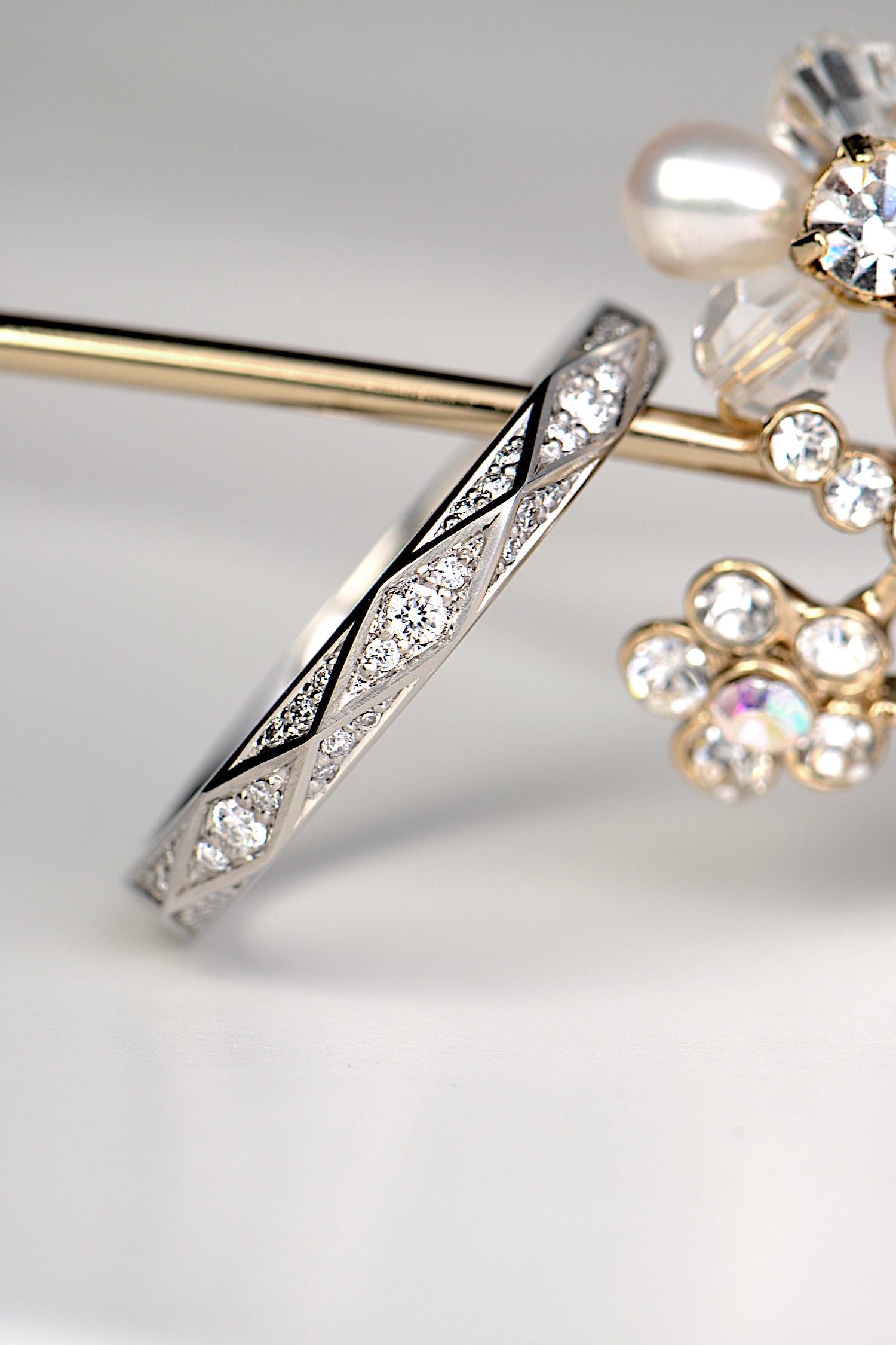 geometric diamond ring design in platinum made in the UK