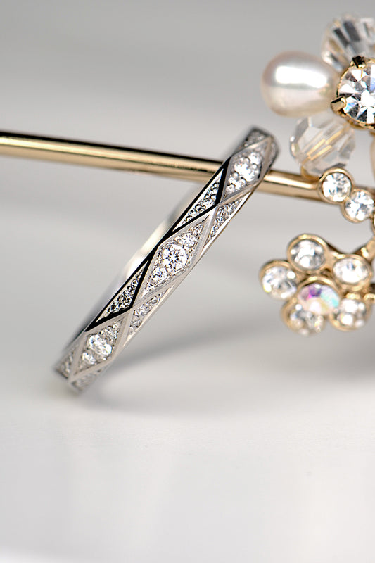 geometric diamond ring design in platinum made in the UK