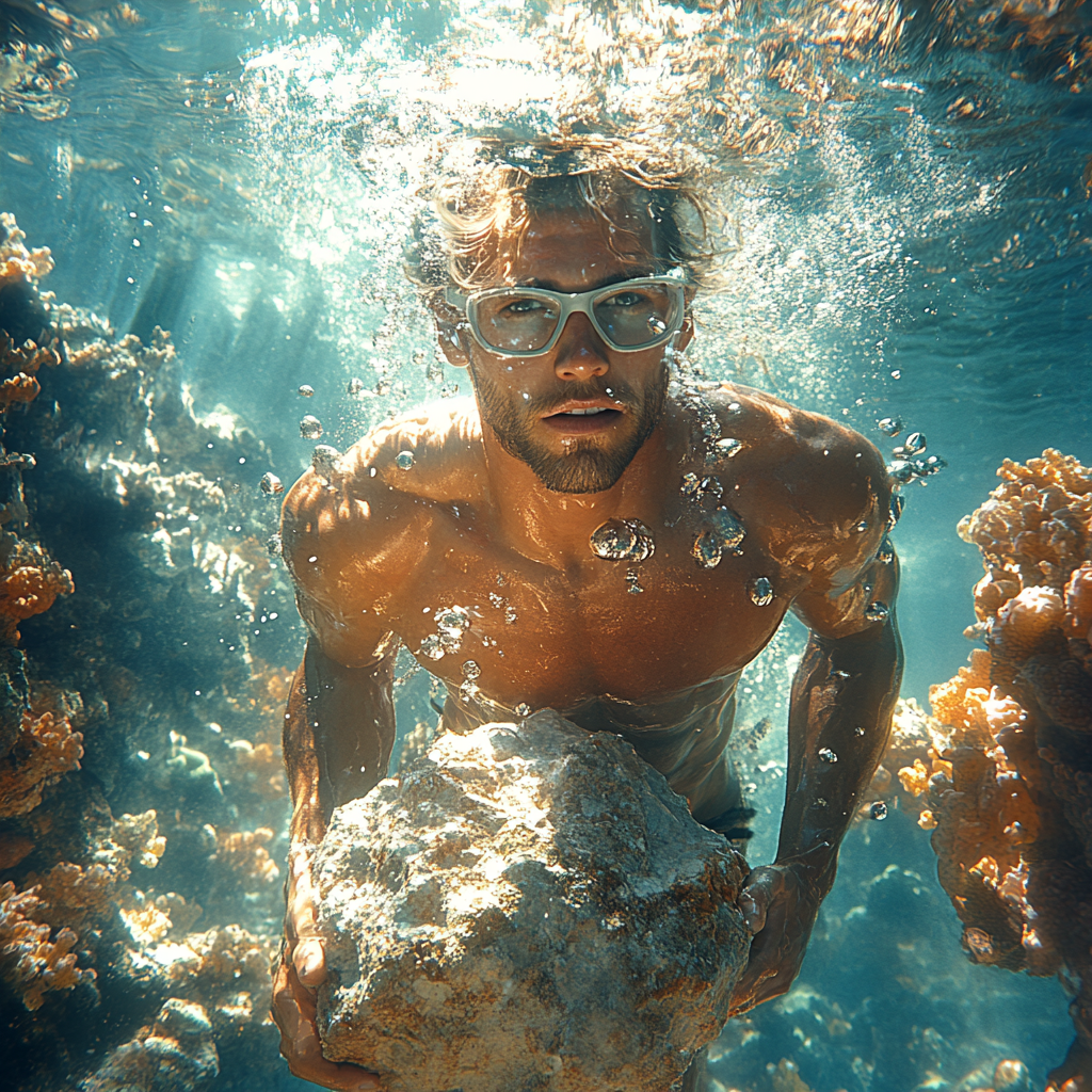 an ai image of a muscular man carrying a rock underwater