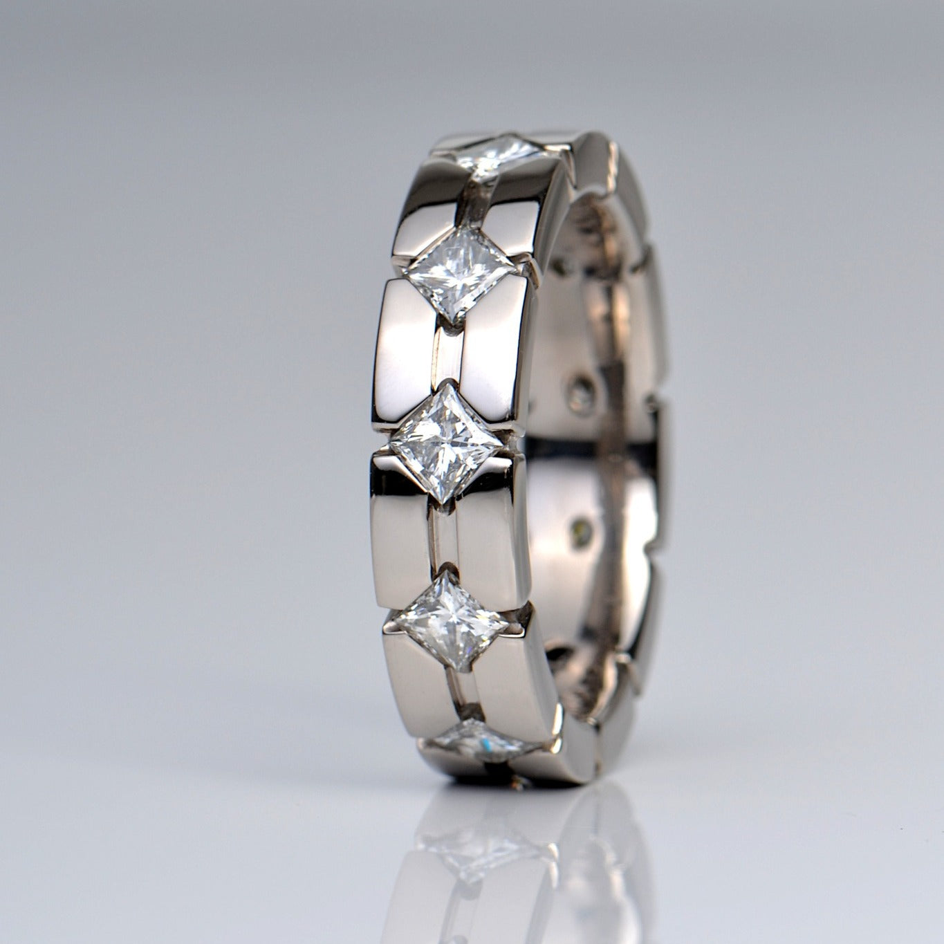 Modern platinum diamond wedding ring belonging to jeweller Christine Sadler
