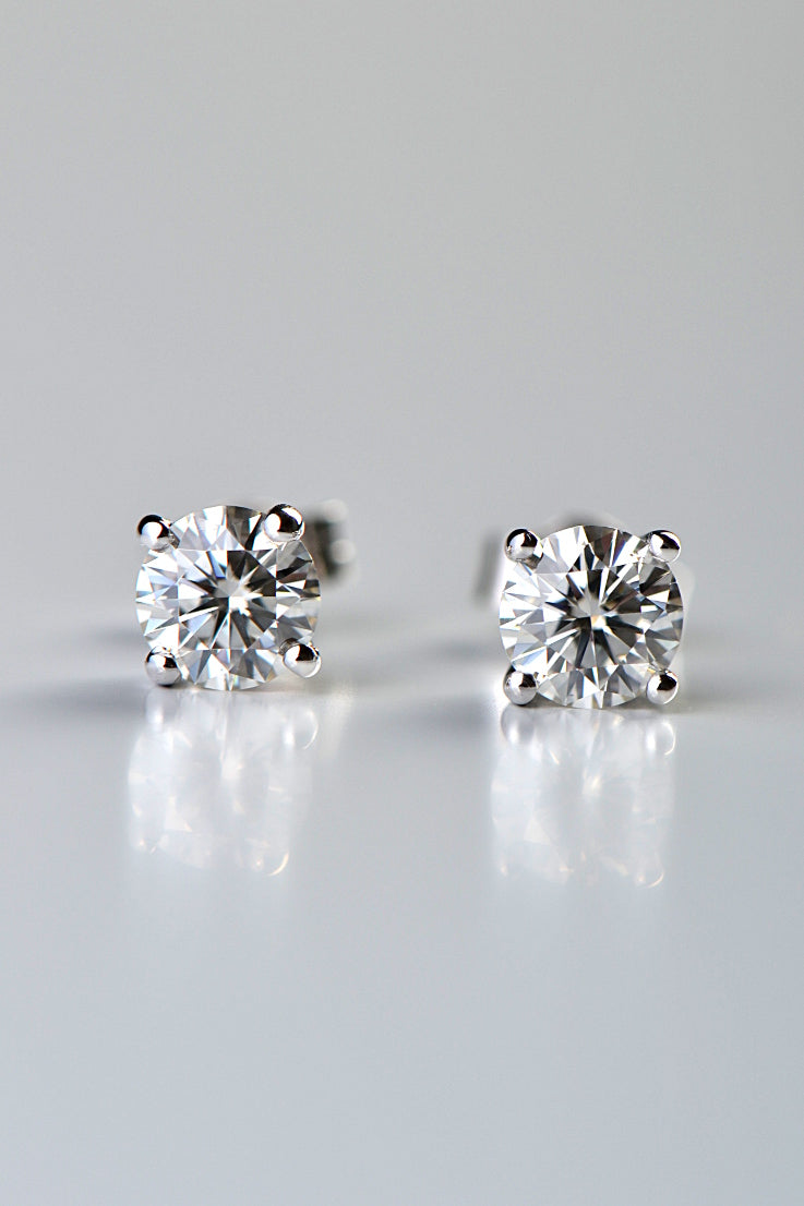 18ct white gold round brilliant cut lab grown moissanite stud earrings set with four claws