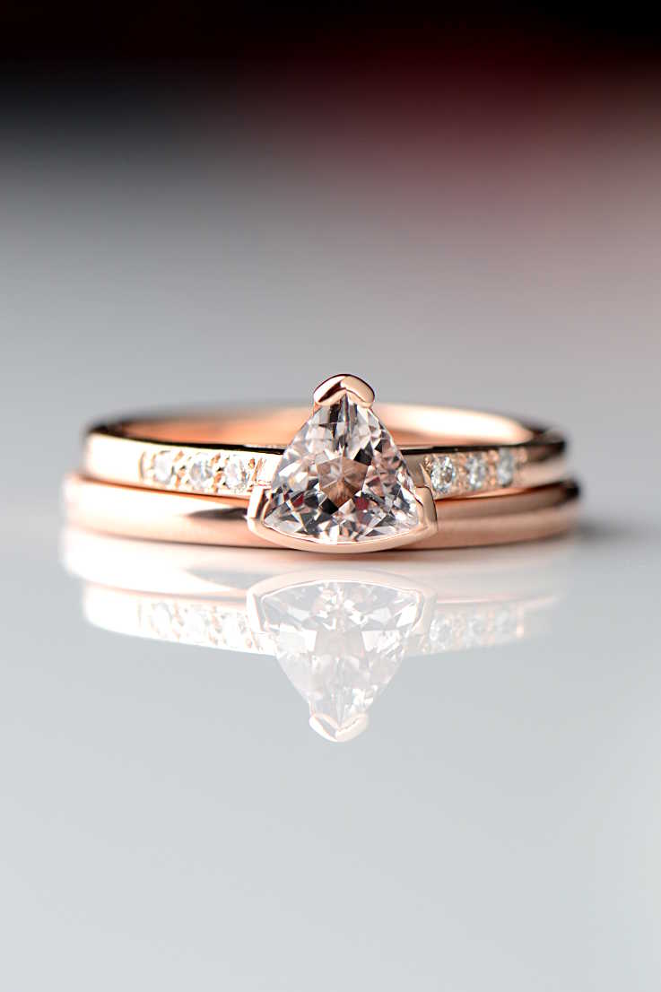 Morganite trillion diamond ring slingshot design rose gold bridal set