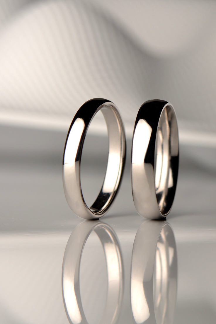 polished classic wedding rings for men and women made in the UK - Christine Sadler