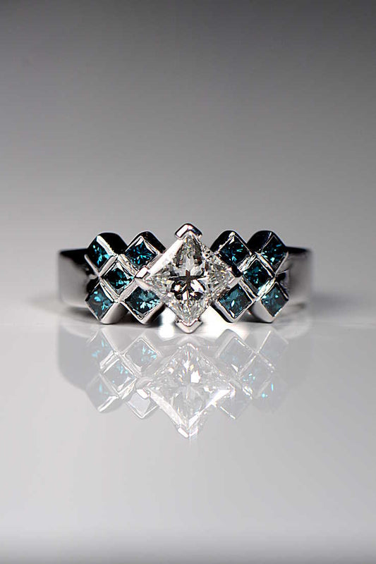 Scottish designer Tartan diamond ring in platinum that can be customised to have your colour combinations of gemstones