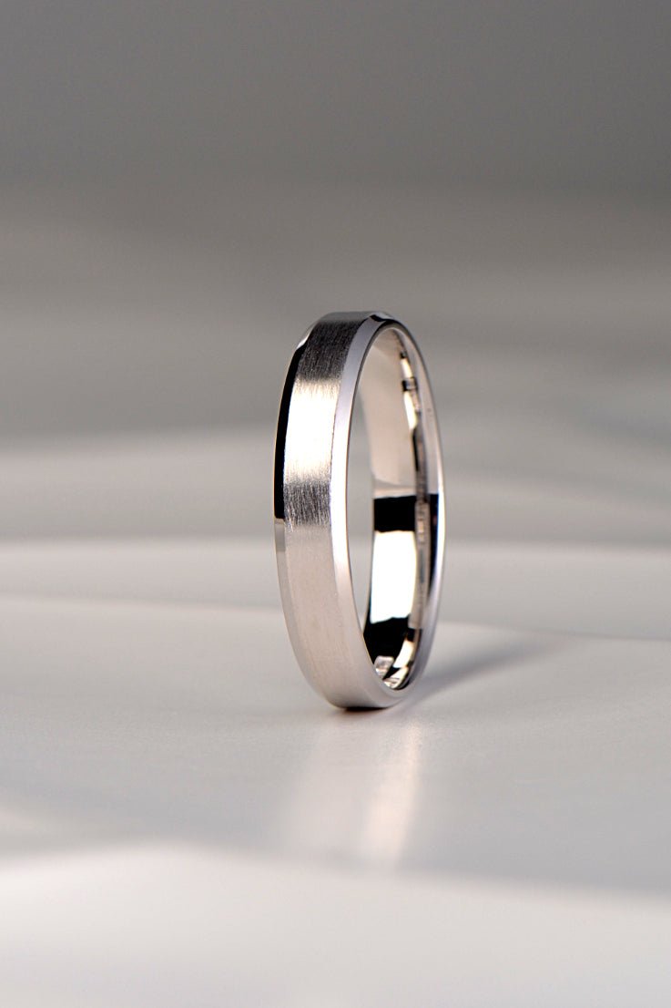 modern brushed wedding ring with a polished bevelled edge for a man or woman