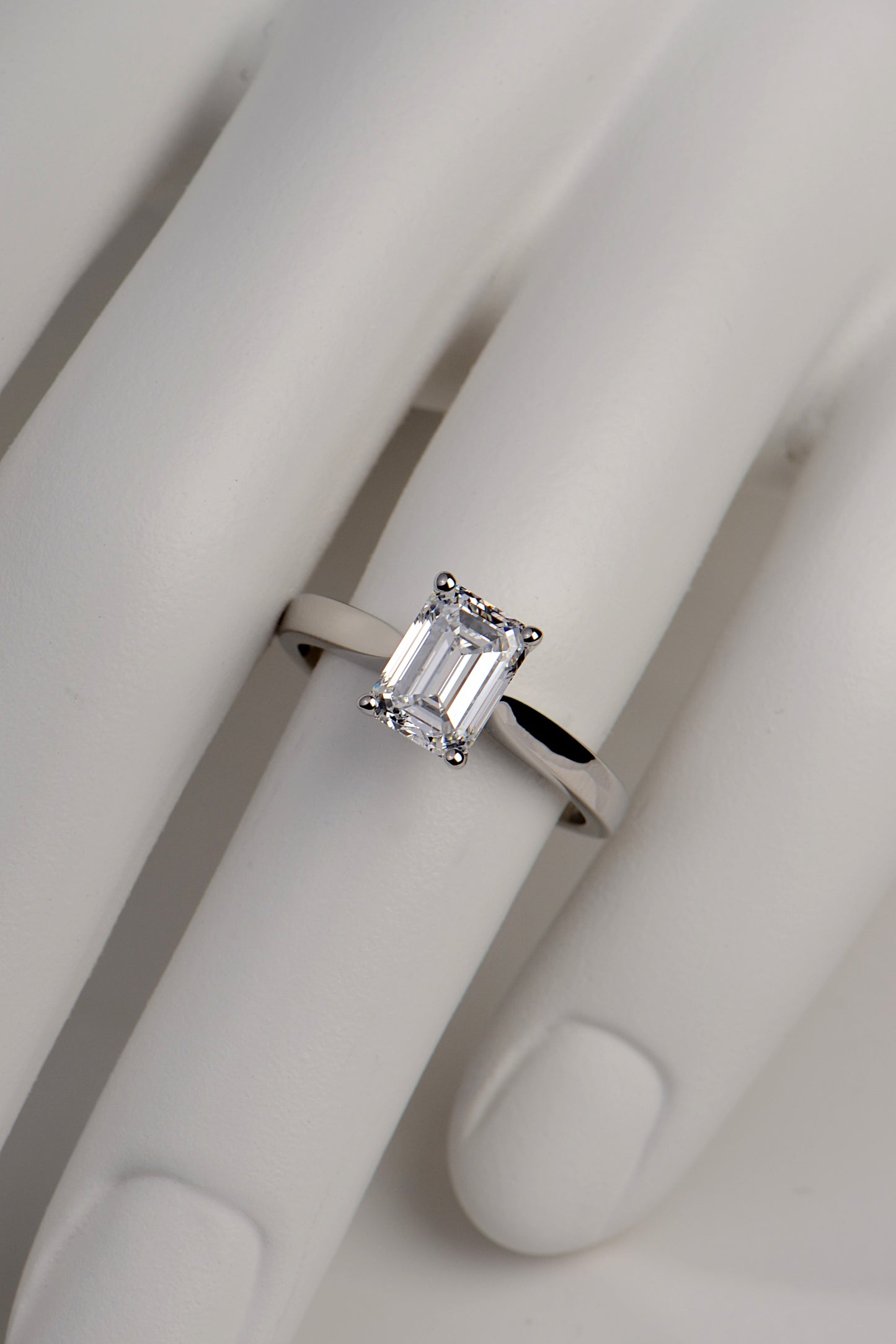 platinum emerald cut lab diamond ring from jewellery designer Christine Sadler