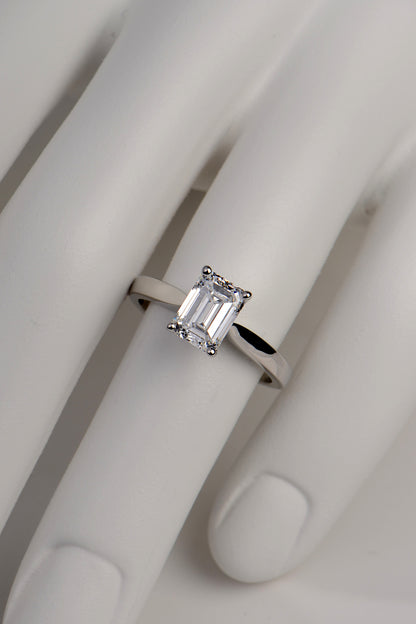 platinum emerald cut lab diamond ring from jewellery designer Christine Sadler