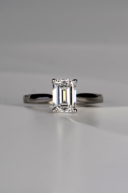 lab grown emerald cut diamond engagement ring in platinum