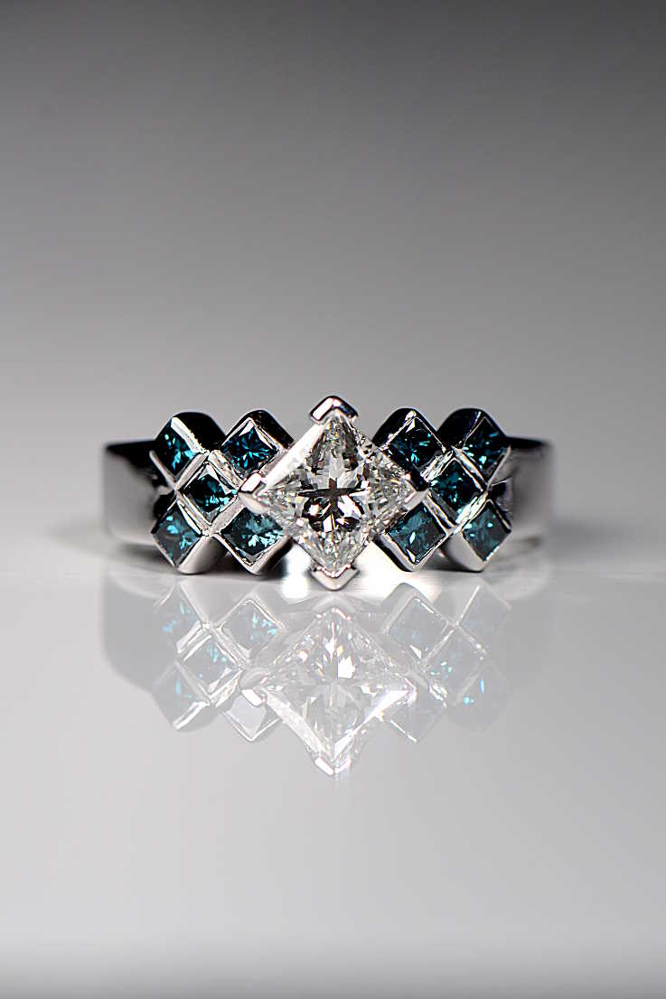 Unique Scottish Tartan diamond ring in platinum that can be customised to have your colour combinations of gemstones from contemporary jewellery designer Christine Sadler