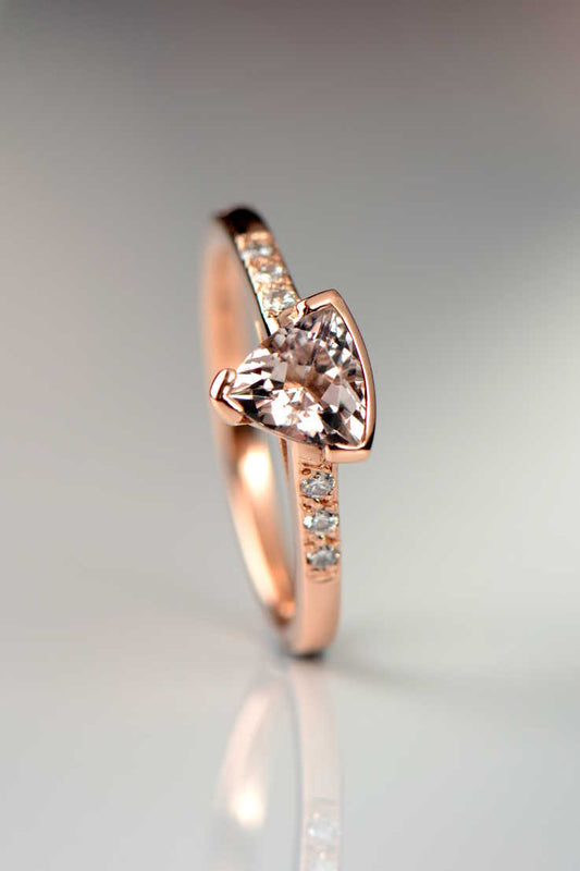 Morganite trillion diamond Slingshot rose gold ring
