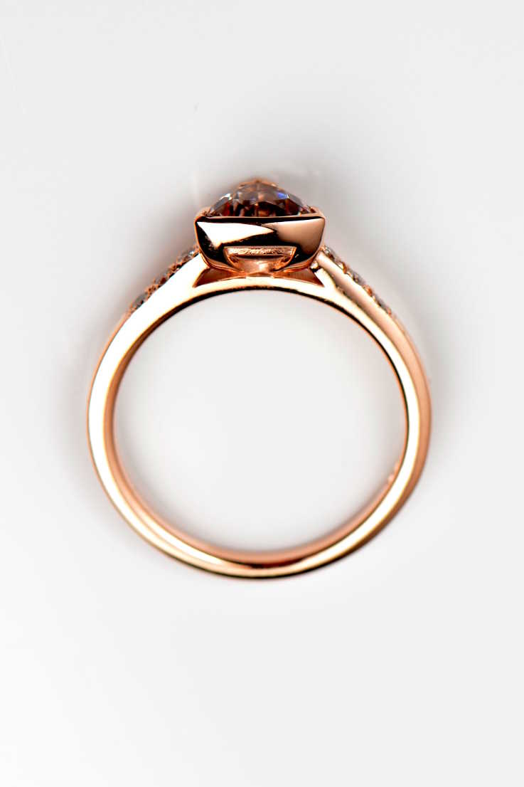 Morganite trillion diamond ring slingshot design rose gold