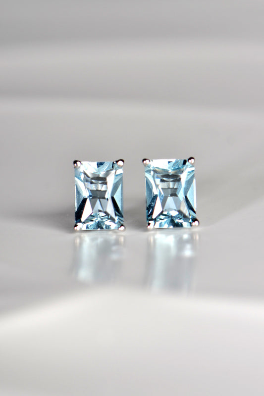 Radiant cut white gold aquamarine earrings
