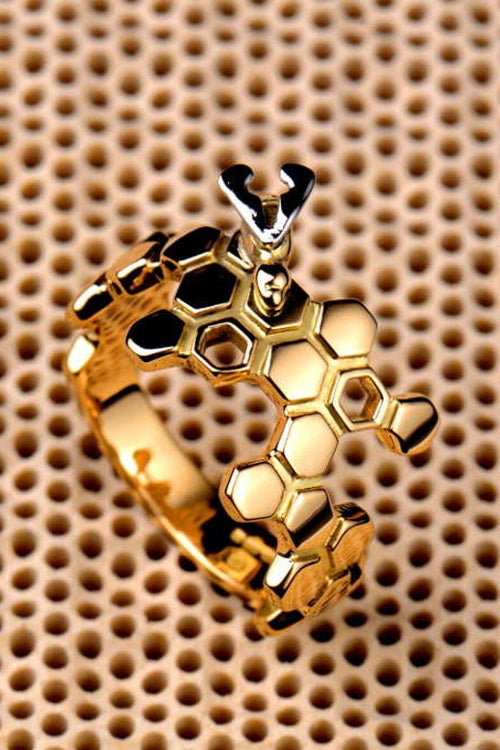 Honeycomb and Bee ring with platinum wings - Ring designer Christine Sadler