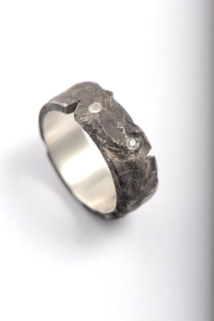 Hero Ring by Christine Sadler – textured oxidised silver ring with a white diamond