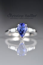 Front view of handcrafted Pear Shaped Tanzanite & Diamond Engagement Ring in 18ct white gold 