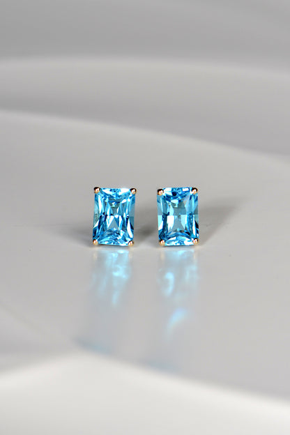 high quality swiss blue topaz stud earrings in yellow gold Christine Sadler jewellery Ayr