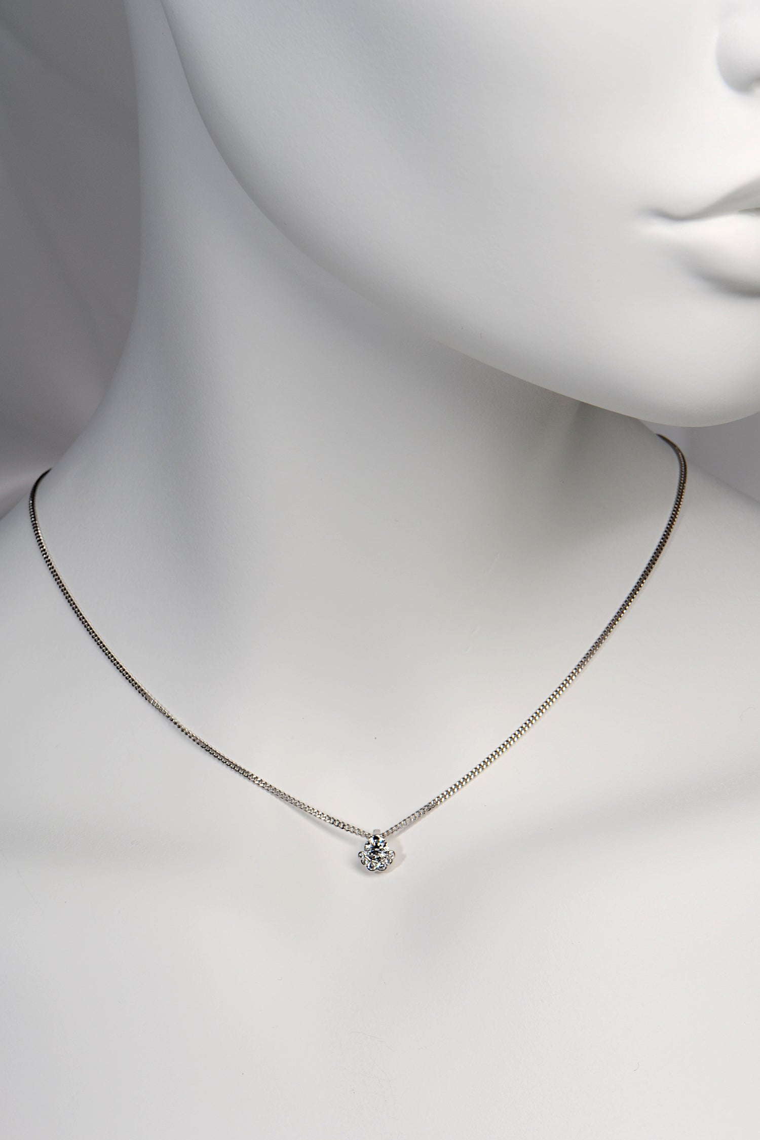 Scottish designer lab diamond platinum necklace that sits short at the clavicle. Can be order in longer lengths