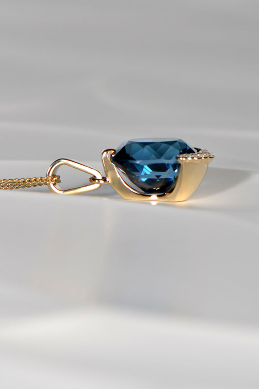 gorgeous London blue topaz necklace with diamonds by scottish jewellery designer Christine Sadler