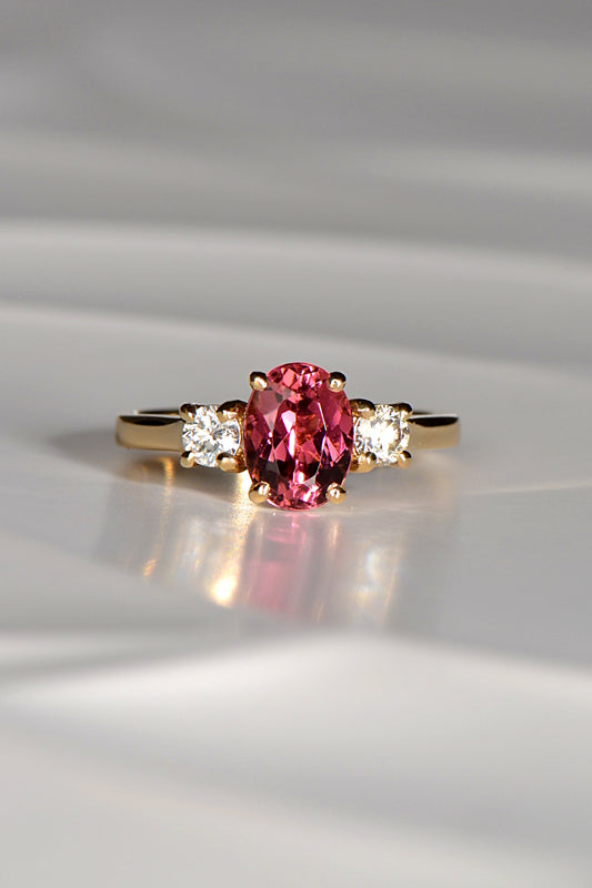strong pink tourmaline and diamond yellow gold ring by Scottish jewellery designer Christine Sadler